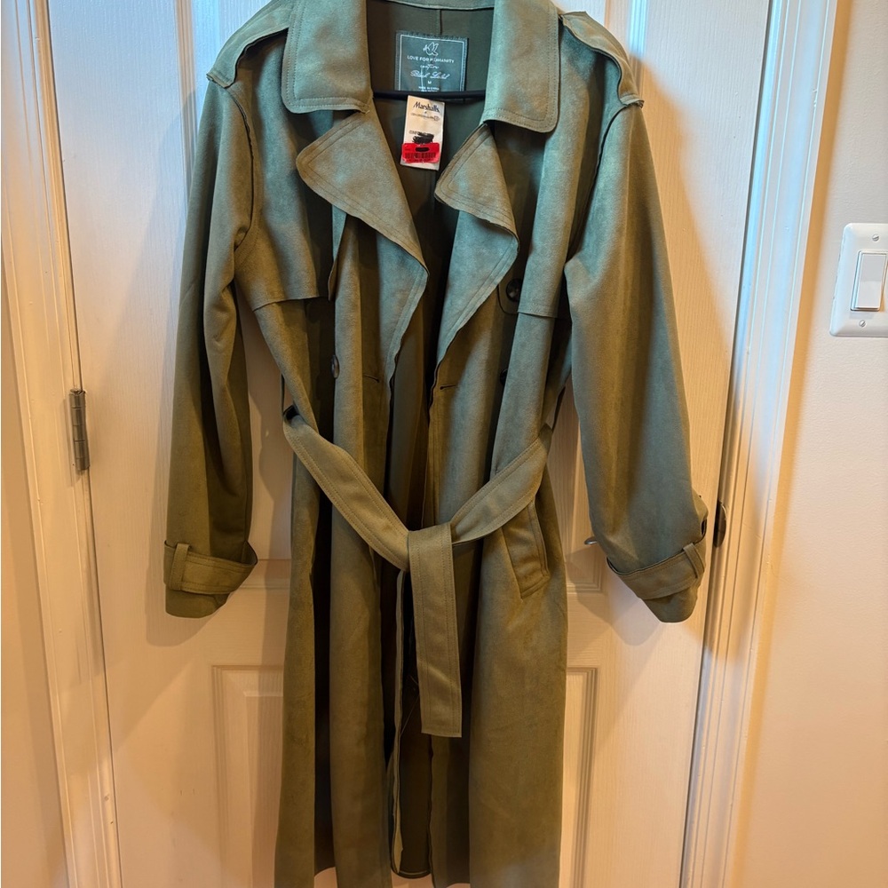 Women’s Olive Green Faux Suede Flowy Trench Coat
